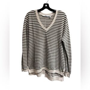 WILT Women’s Cream and Grey Striped V-Neck Sweater Shirt - Size Medium